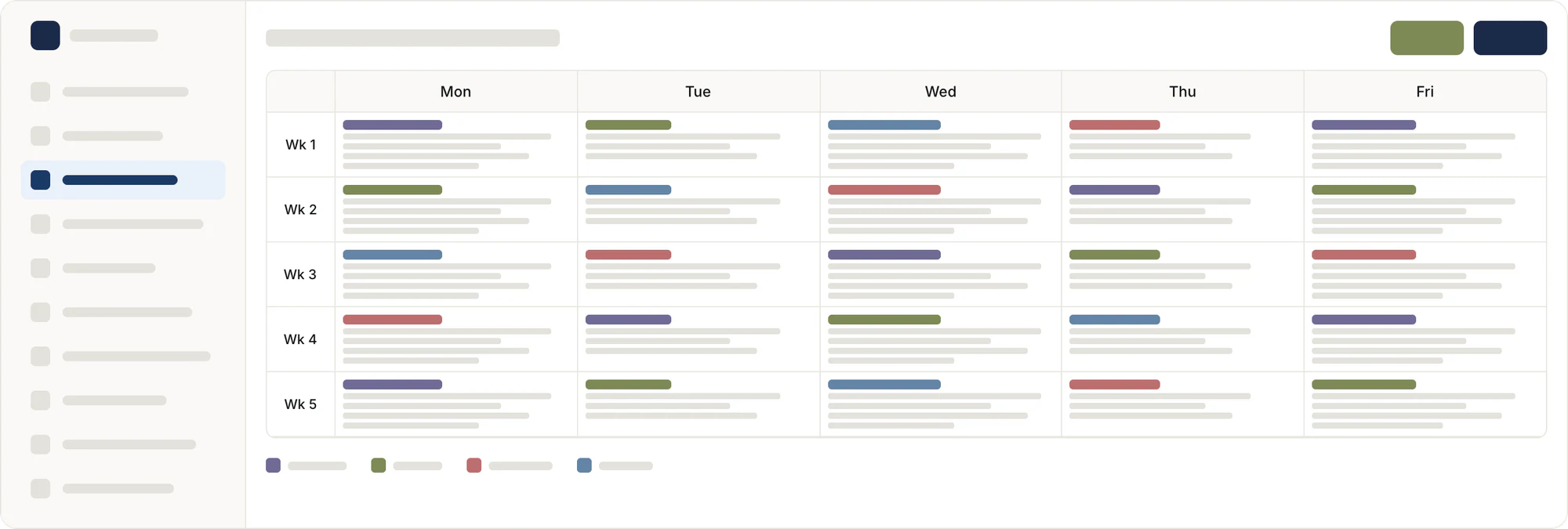 Legacy curriculum view, a dense colour coded table