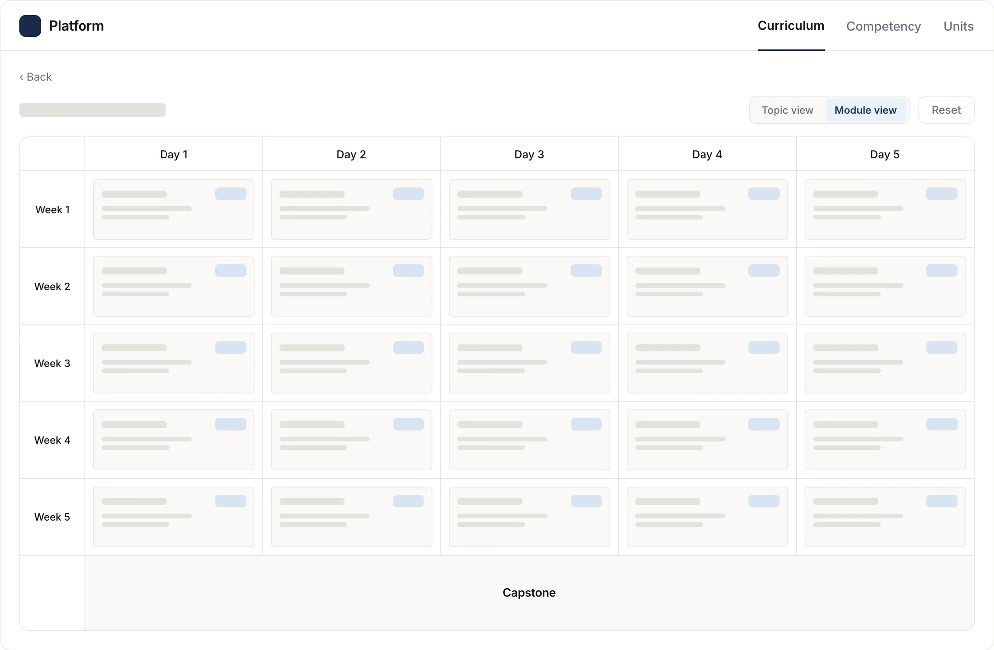 Redesigned curriculum grid, a structured week by day view