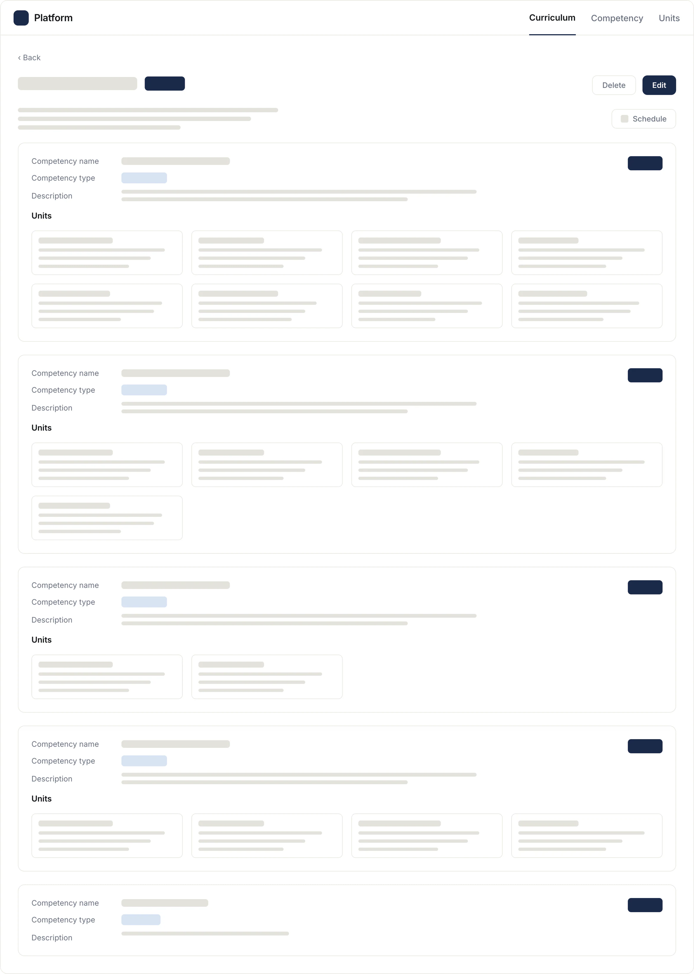 Curriculum topic view, competencies and their units