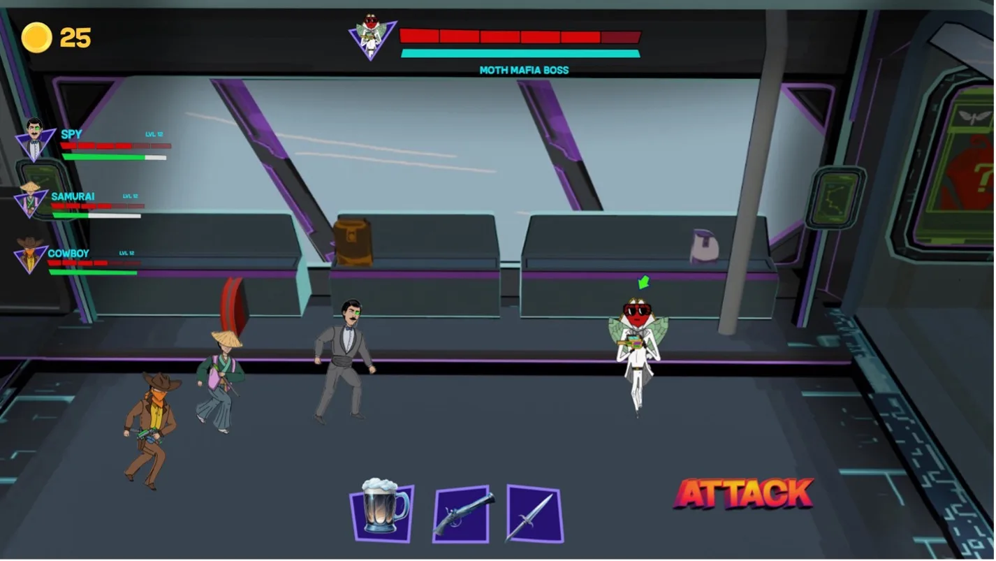Final combat screen: the party faces the Moth Mafia Boss on a train, with party health bars on the left, boss bar on top and item buttons below