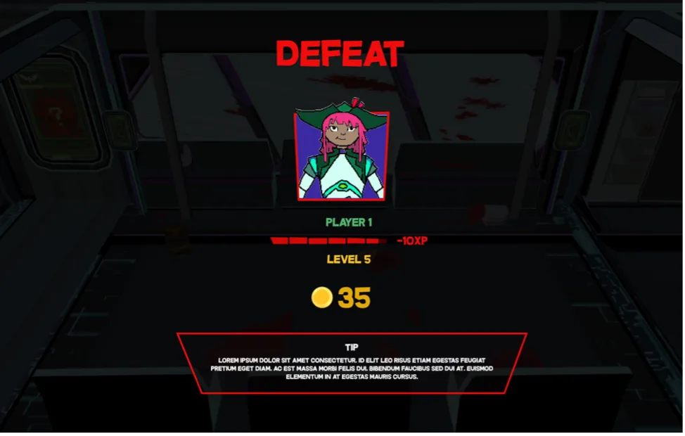 Final defeat screen with the player portrait, lost XP and a tip box