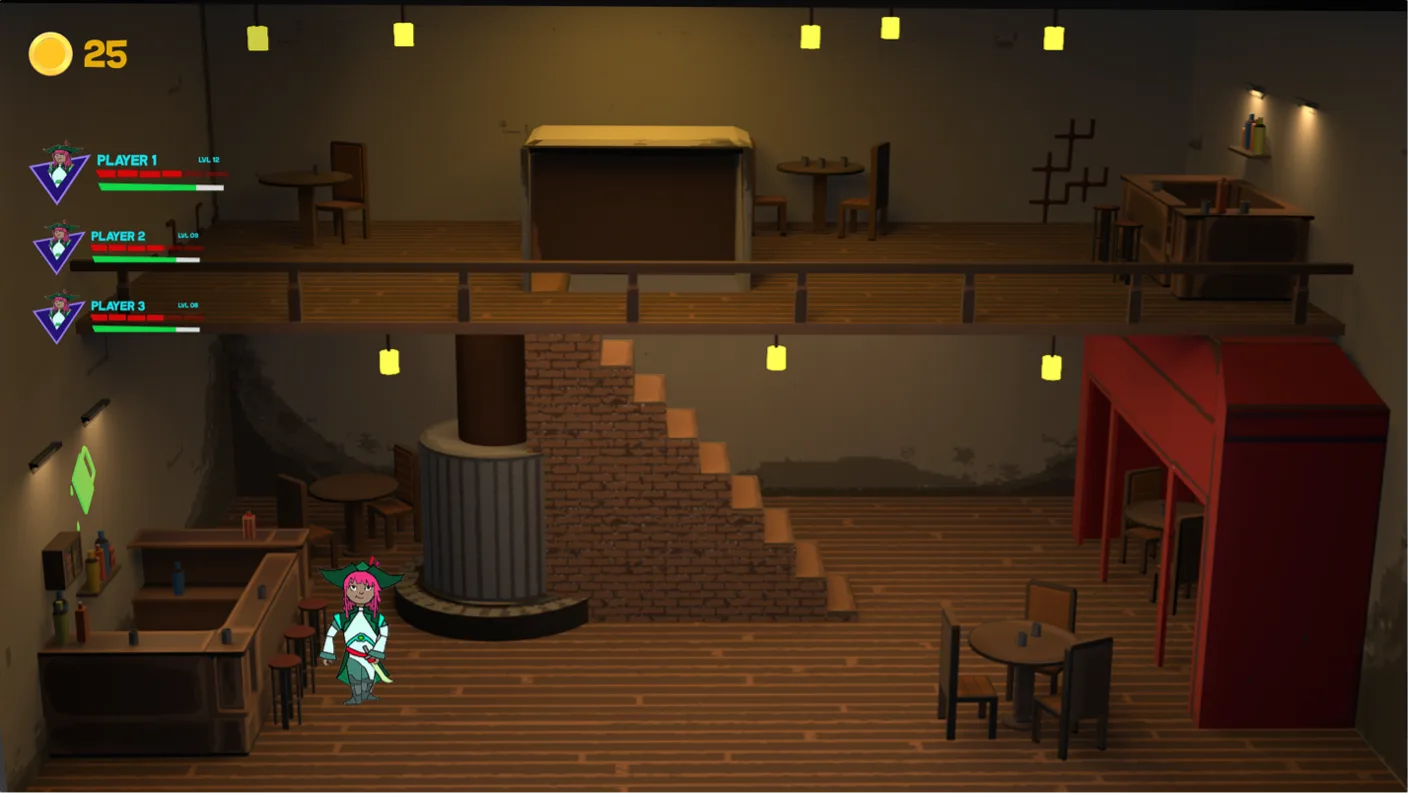 Final overworld screen: the saloon interior with party member health bars and currency counter overlaid
