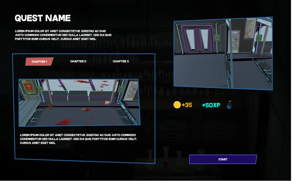 Final quest information screen with chapter tabs, mission preview, rewards and start button