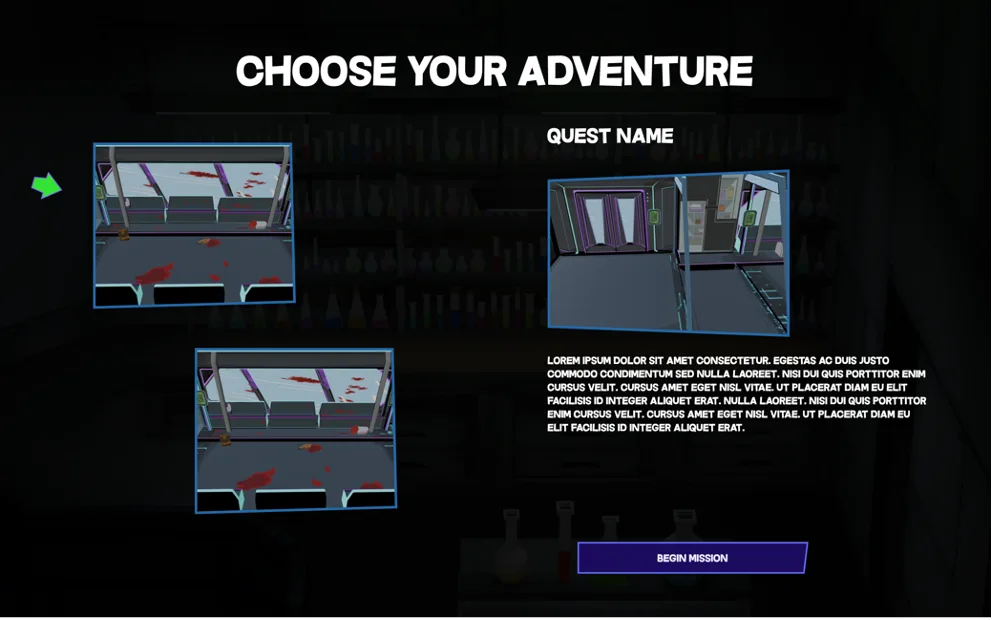 Final quest select screen titled Choose Your Adventure with mission thumbnails and description