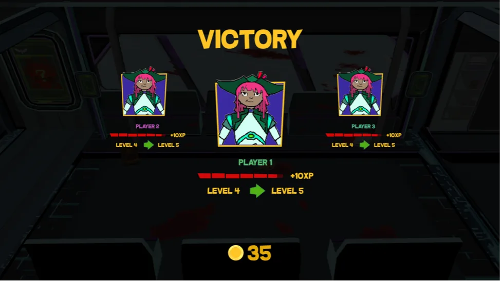 Final victory screen with all three players' portraits, XP gains and level ups