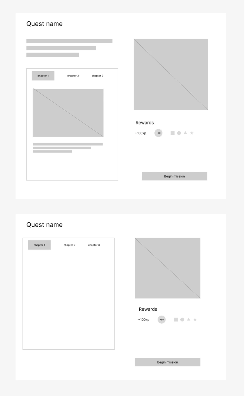 Two lo-fi wireframe variations of the quest information screen with chapter tabs, preview image, rewards and begin mission button