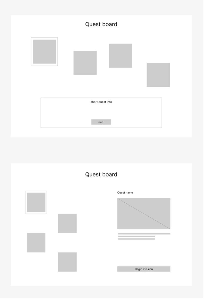 Two lo-fi wireframe variations of the quest board with quest thumbnails and a short quest info panel