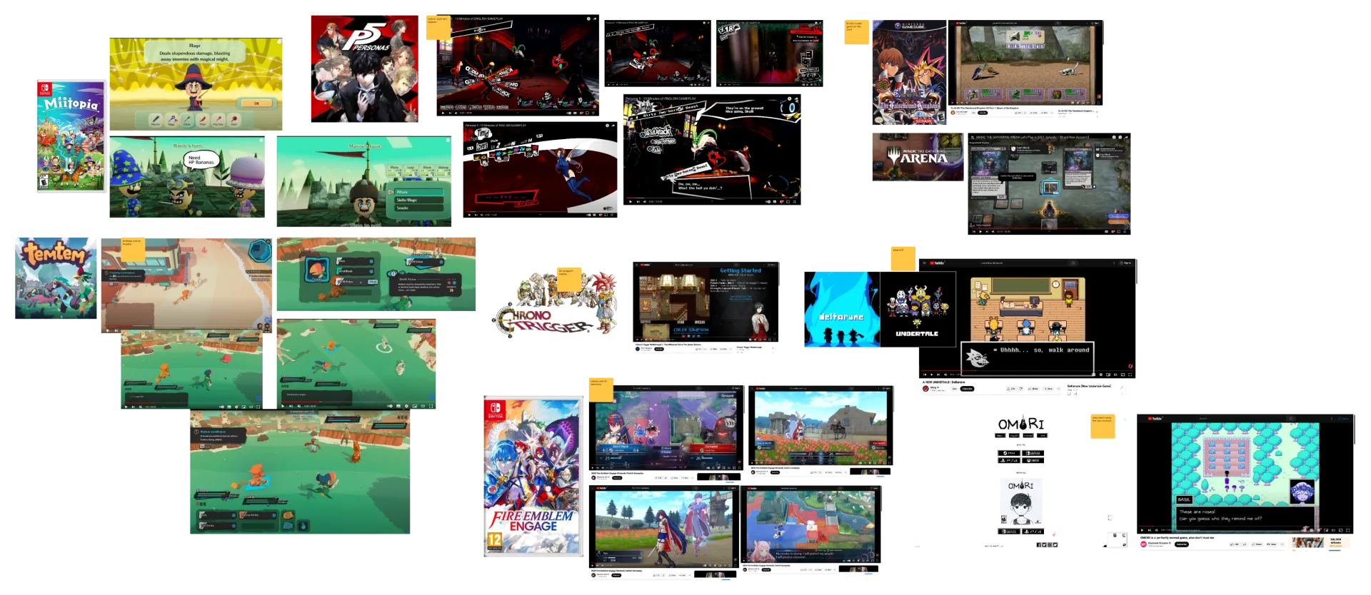 Moodboard collage of turn-based RPG references: Persona 5, Miitopia, Temtem, Chrono Trigger, Fire Emblem Engage, Undertale, Deltarune, Omori