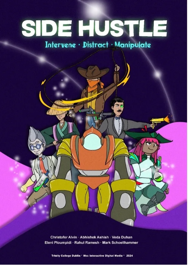 Side Hustle showcase poster, the six playable characters in the game's purple, hand-illustrated style