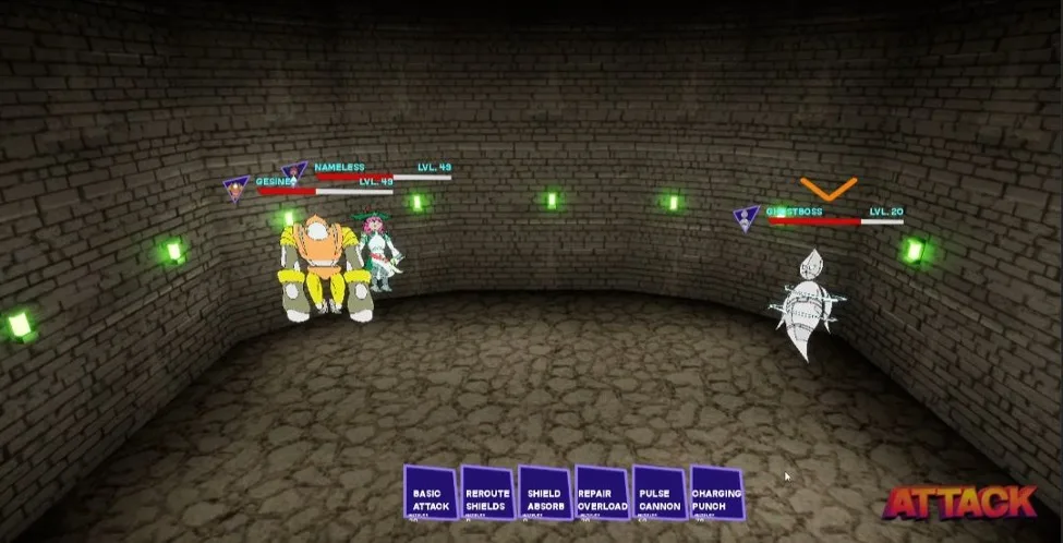 Showcase build screenshot: a turn-based boss fight against the Ghost Boss in a dungeon, with the skills bar and attack button