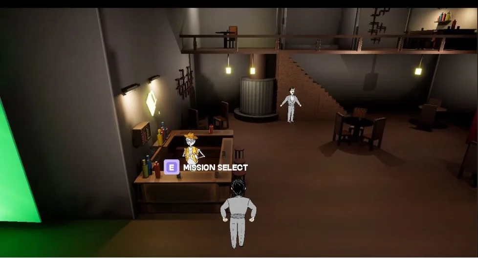 Showcase build screenshot: the saloon overworld with the Mission Select prompt above the bartender