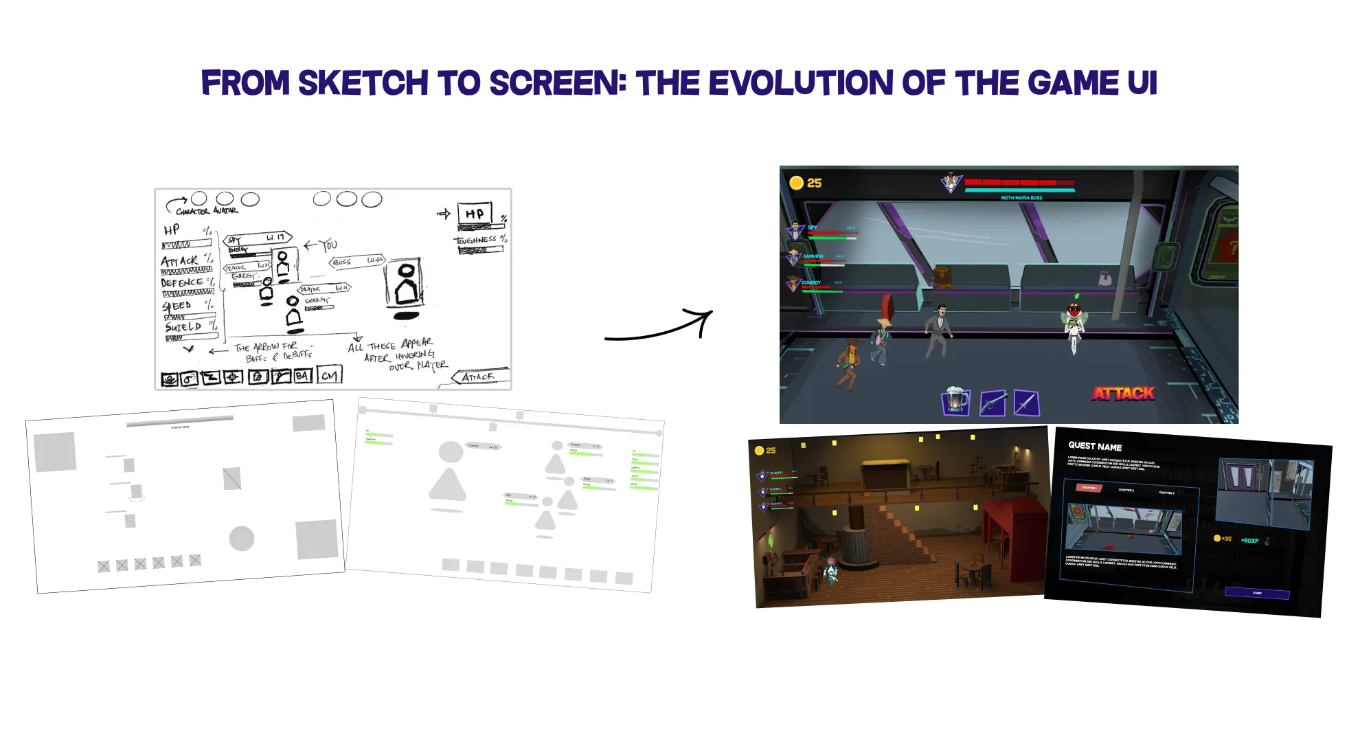 From sketch to screen: the evolution of the game UI from hand-drawn combat sketch and grey wireframes to the final in-game screens