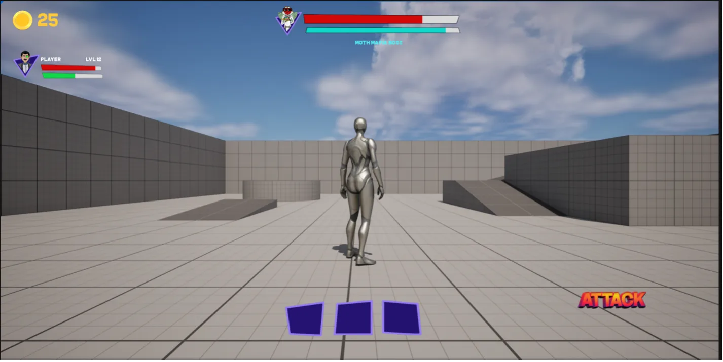The combat HUD widgets running over a grey blockout level in Unreal Engine