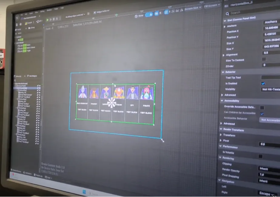 Unreal Engine widget editor showing the character selection widget being built