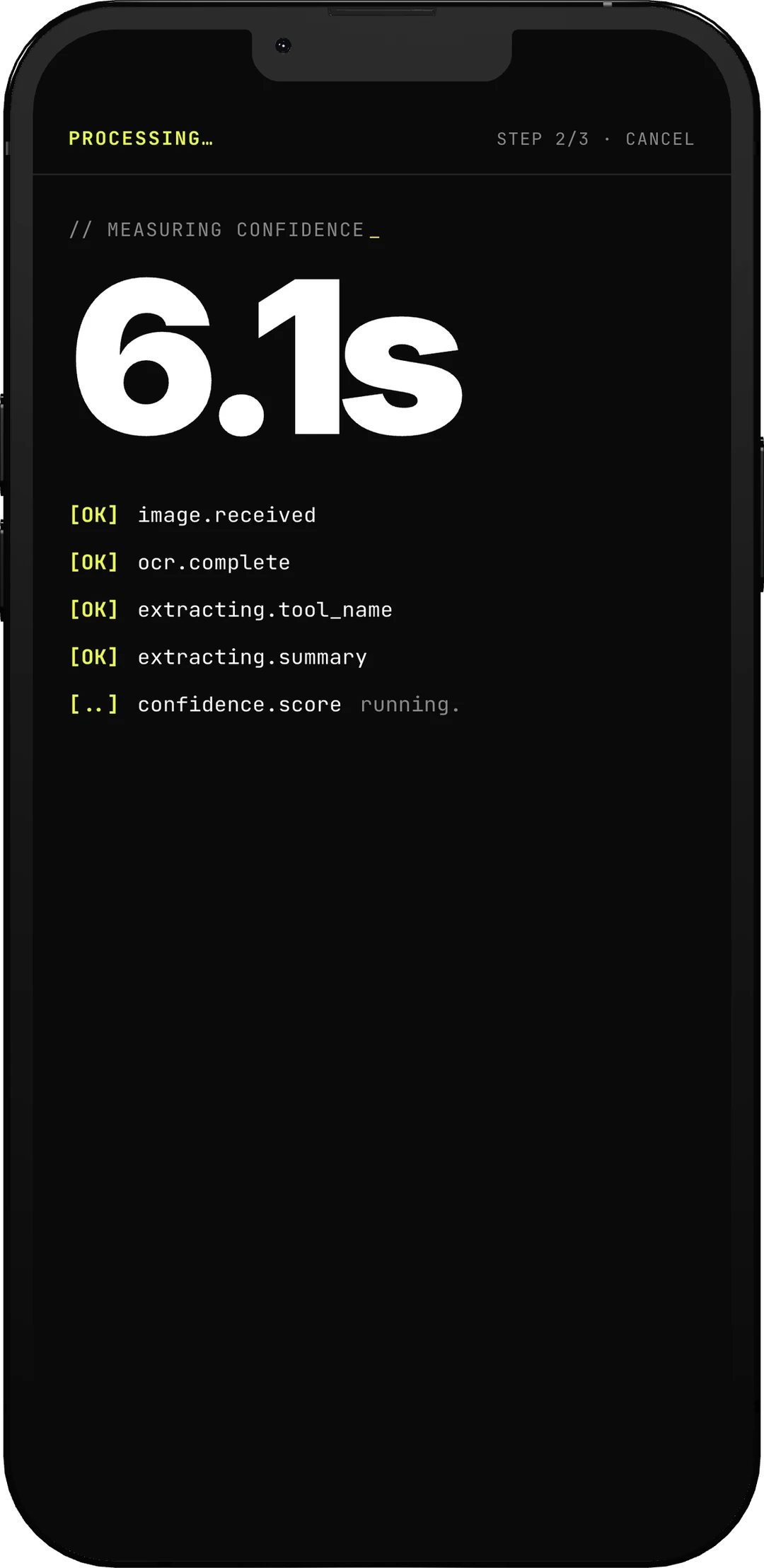 The same extraction six seconds in: image received, OCR complete, tool name and summary all reported done, with only the confidence score still running