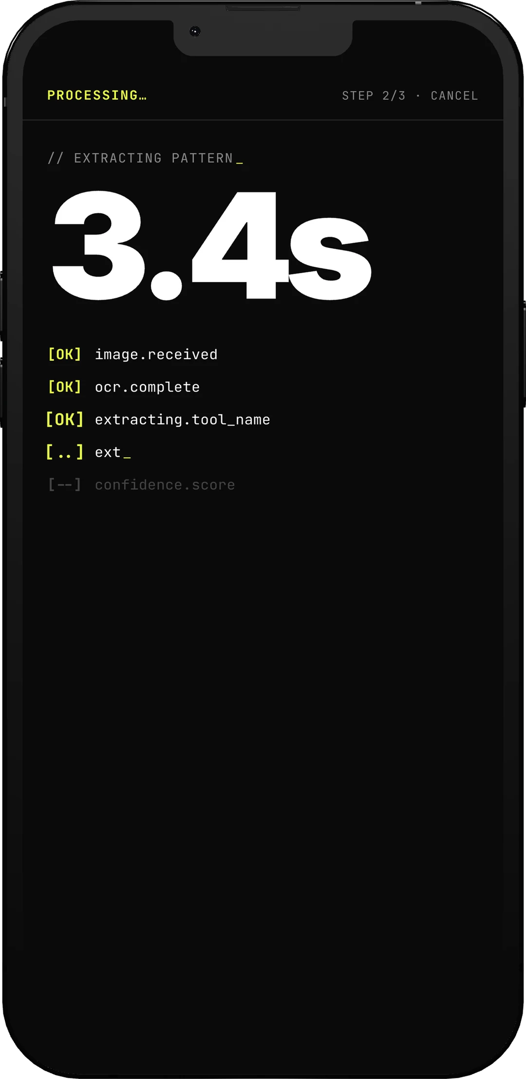 Extract, step 2 of 3, three seconds in: a black screen printing its work line by line — image received and OCR complete, the tool name still being extracted — under a running timer