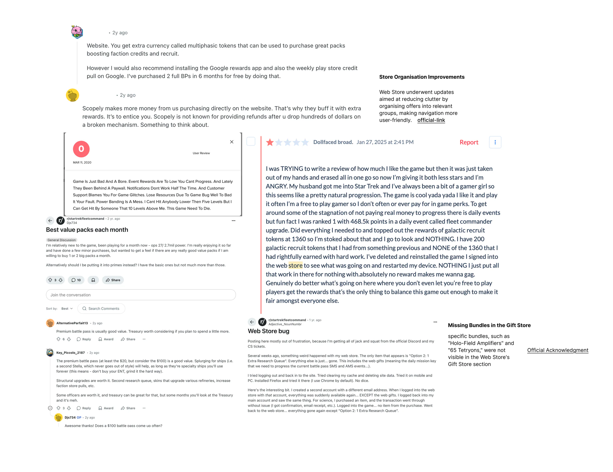 Collage of app store reviews and Reddit threads about the STFC web store: navigation complaints, missing bundles, best-value pack discussions