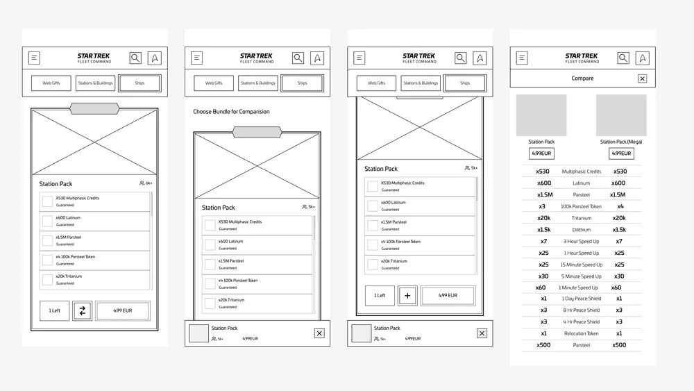 Wireframes of bundle card, search entry and applied search filter