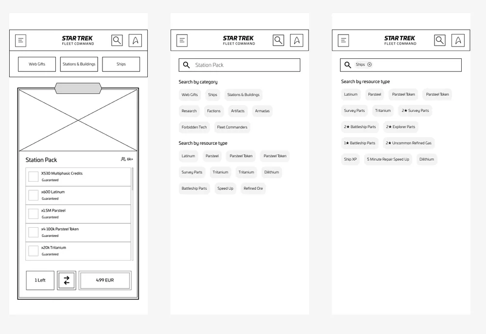 Wireframes of the filter sheet with resource type chips and range sliders