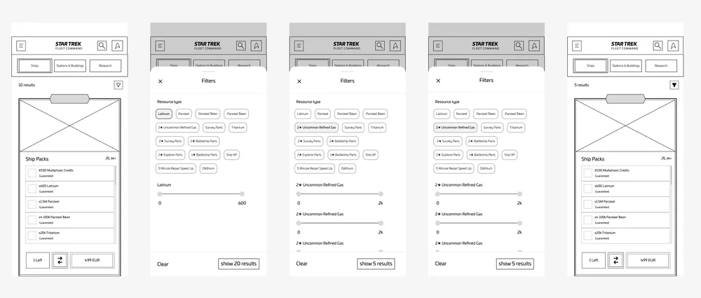 Wireframes of the comparison selection flow and comparison table