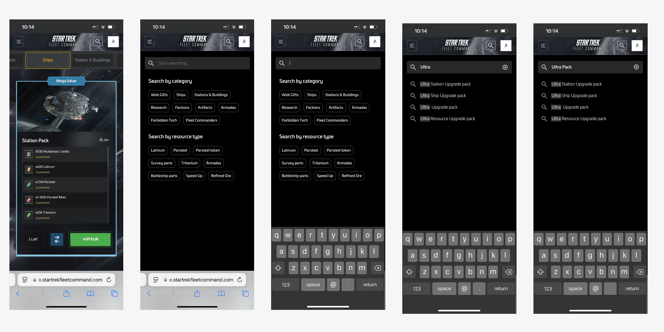 Hi-fi search flow: empty search state with category and resource chips, typing state, and real-time suggestions for 'Ultra Pack'