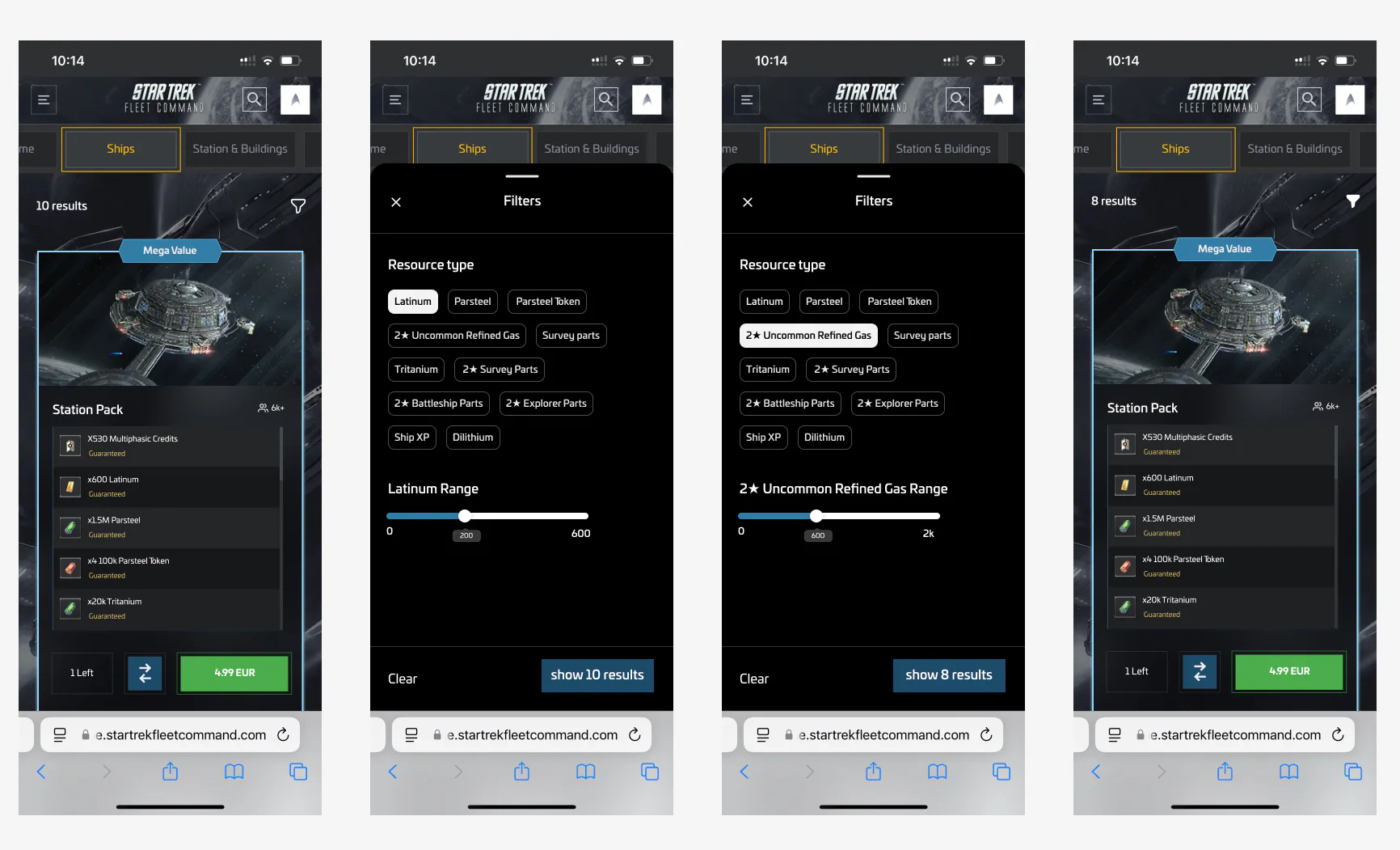 Hi-fi filter flow: filtering by resource type with a quantity range slider