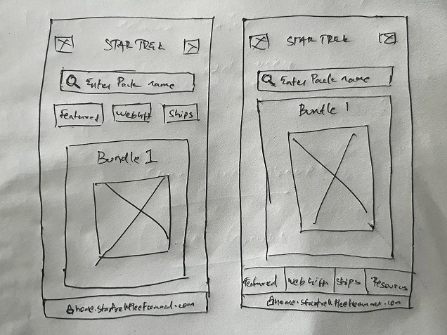 Paper sketch of the store home with search bar and category chips