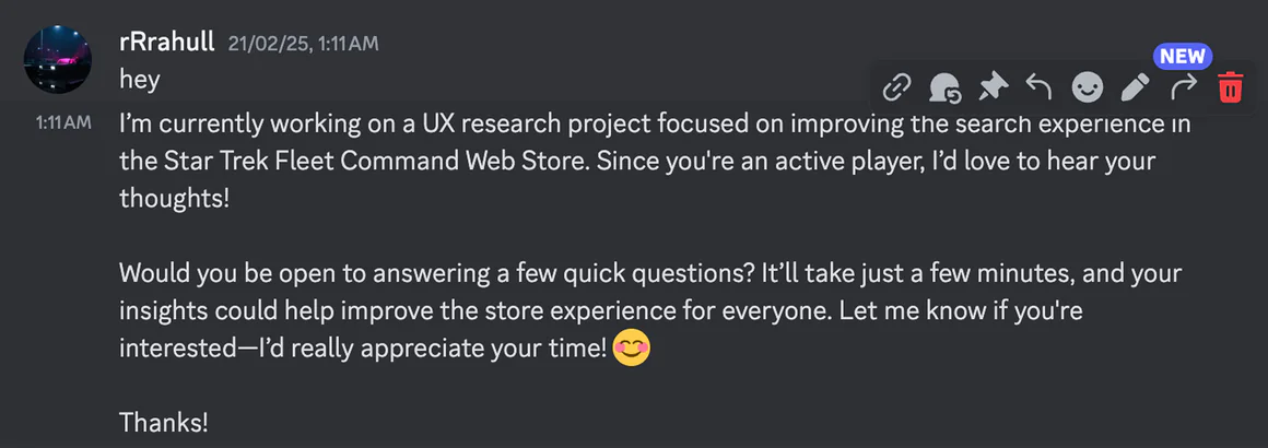 Discord message recruiting players for the research