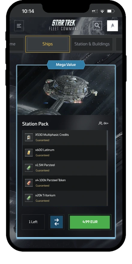 The Station Pack bundle card: Mega Value ribbon, a buyer count of 6k+, five items listed with quantities, 1 Left, a compare button and the 4.99 EUR price