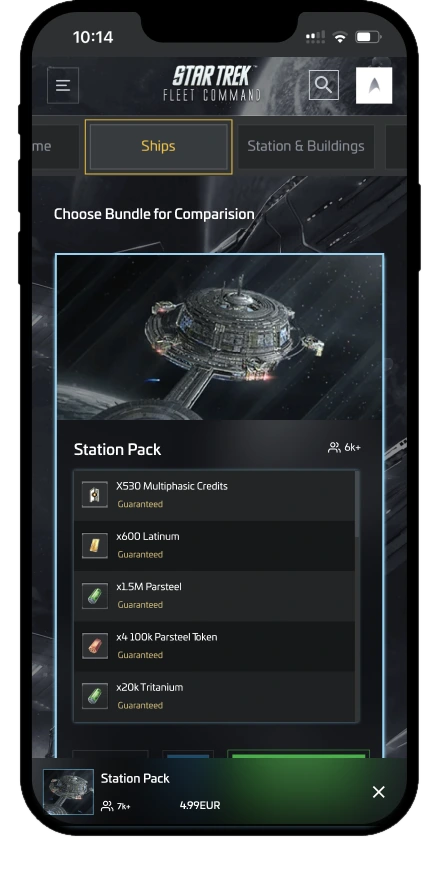 Choose bundle for comparison: the Station Pack card, with a tray at the bottom holding the first pick