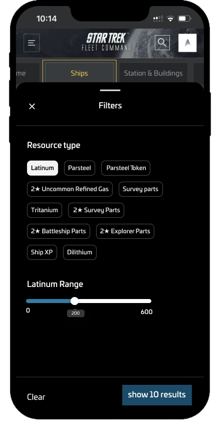 The filter sheet: resource type chips with Latinum selected, a Latinum range slider, and a button reading show 10 results