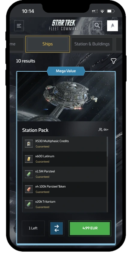 Ten results after filtering, the Station Pack card at the top with a Mega Value ribbon