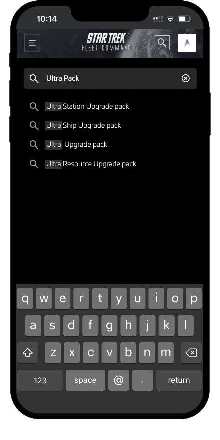 Search with 'Ultra Pack' typed: four bundle names suggested above the keyboard, the typed part boxed in each